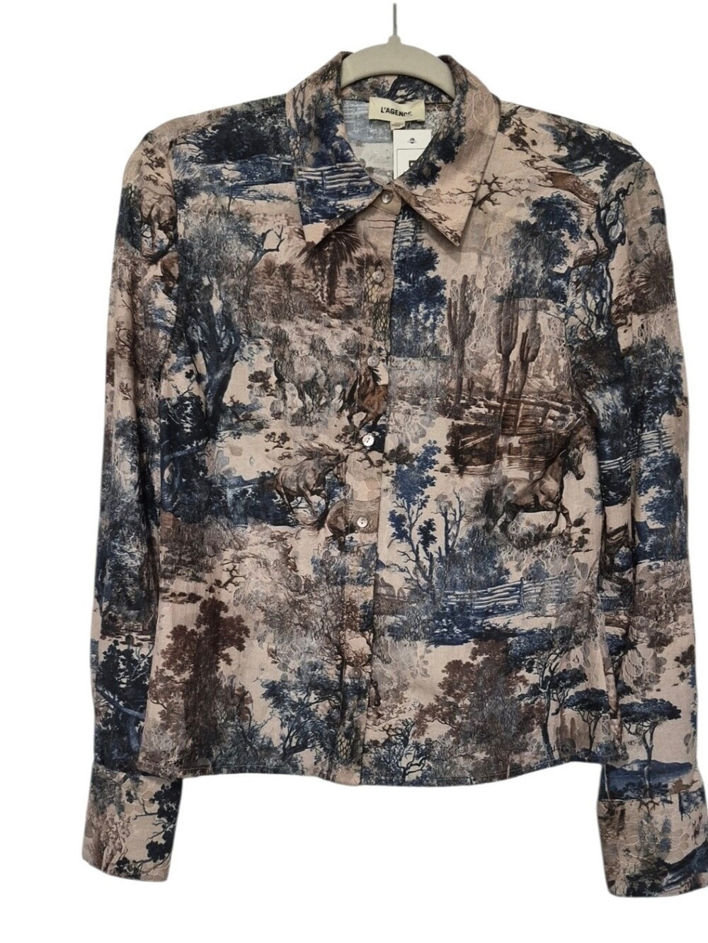 L'AGENCE Western Horse Toile Lace Button Down Blouse Tan Multi XS NWT